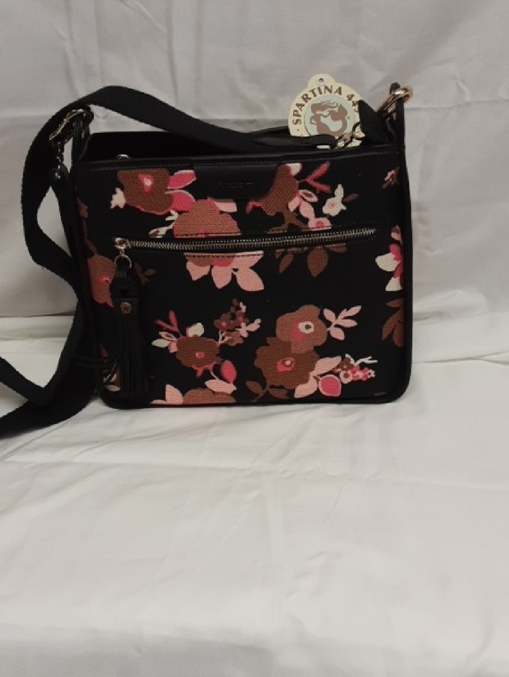 Spartina 449 Black Floral Crossbody with Pink and Brown Accents